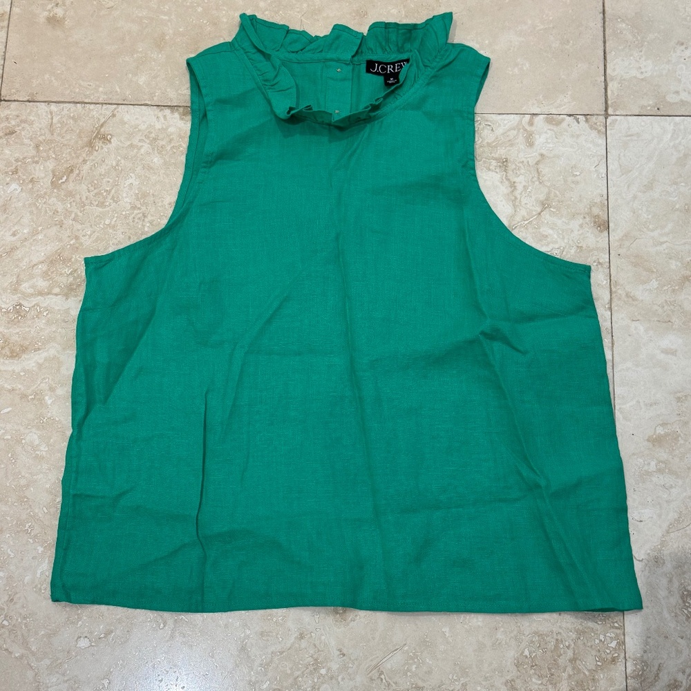 J Crew Tank Top Womens Medium Ferndale Linen Fleur Ruffle Button Back- NWOT